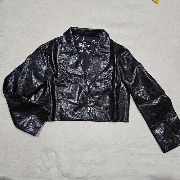 BADEE ✦ Faded ECO Vegan Leather Crop Jacket ✦ OS Black Croc Texture Oversized - Picture 3 of 17